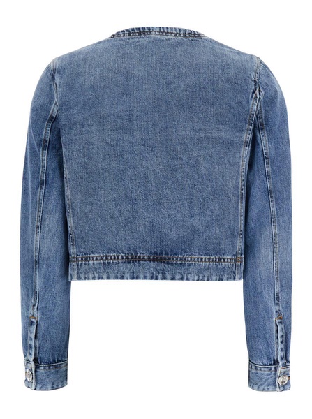 Blue Cropped Jacket with Patch Pockets on the Front in Cotton Blend Woman
