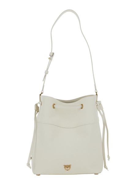White Bucket Bag With Metallic Love Birds Logo On The Front In Hammered Leather Woman