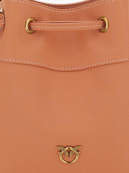 Orange Mini Bucket Bag With Metallic Love Birds Logo On The Front In Hammered Leather Woman