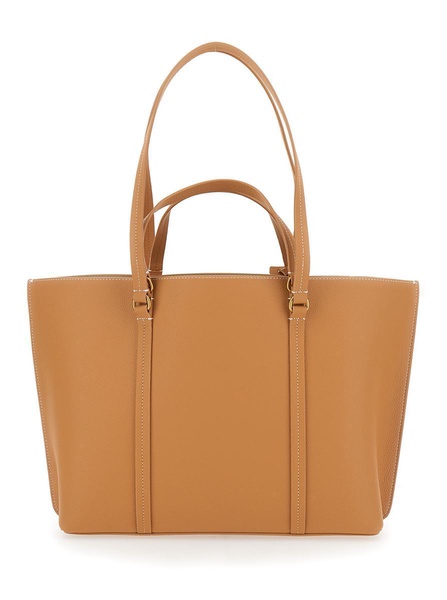 'Carrie' Brown Shopper With Double Set Of Handles And Logo Pendant In Hammered Leather Woman