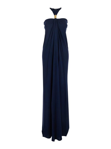 'Halterneck' Blue Long Dress With Neckline And Open Back In Viscose Jersey Woman