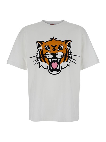 White T-Shirt With Happy Tiger Print On The Front In Cotton Man