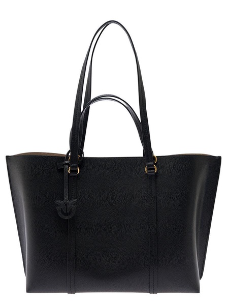 Black Large Tote Bag With Logo Charm In Grainy Leather Woman
