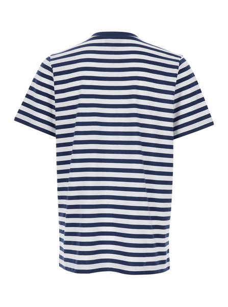 Blue T-Shirt With Striped Motif And Logo Embroidered On The Front In Cotton Man