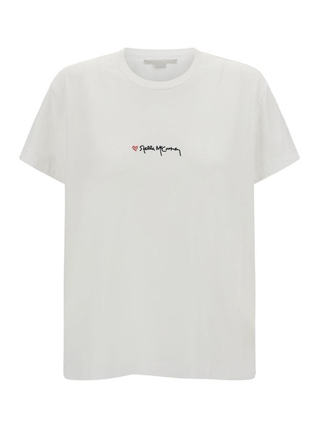 White Crewneck T-Shirt With Embroidered Logo At The Front In Cotton Woman