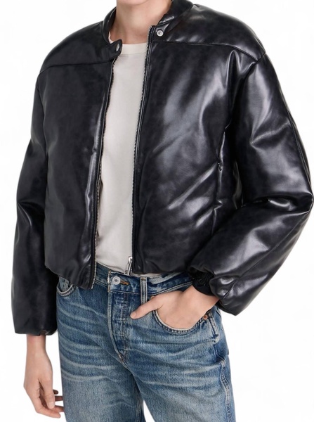 faux leather gigi padded cropped bomber jacket in black