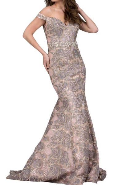embellished belt off the shoulder mermaid gown in blush