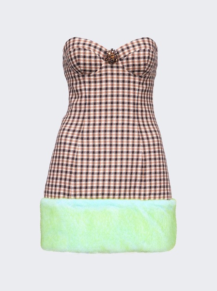 faux fur trim strapless mini dress