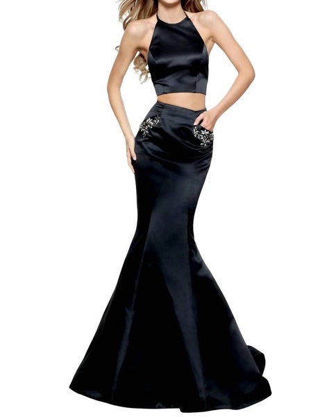 satin two-piece prom dress in black