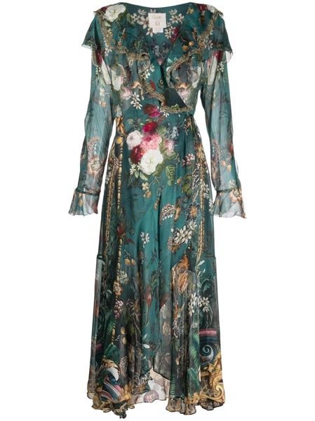 Ruffled silk midi wrap dress