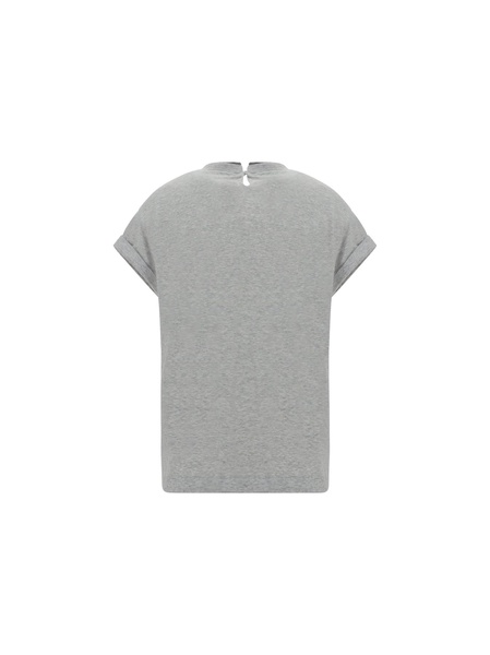 Short-sleeved T-shirt In Elasticized Stretch Cotton With A Crew Neck Edged With Jewels