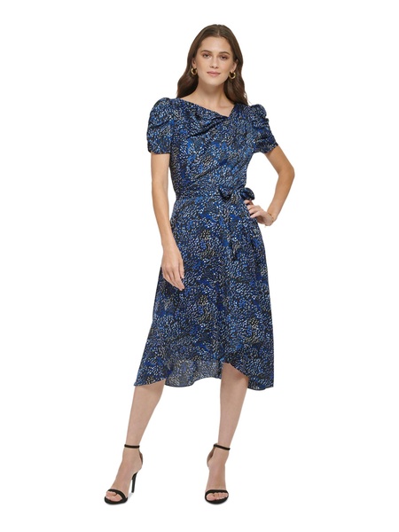 DKNY womens Short Sleeve With Self Tie Belt and Asymmetrical Neckline