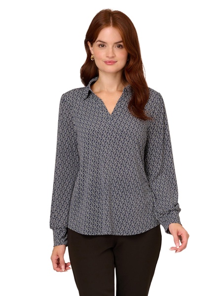 Adrianna Papell Women's Print Collared V-Neck Knit Top