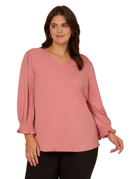 Adrianna Papell Women's Plus Size 3/4 Smocked Sleeve Solid Top