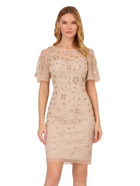 Adrianna Papell Womens Beaded Cocktail Special Occasion Dress, Latte, 6 US