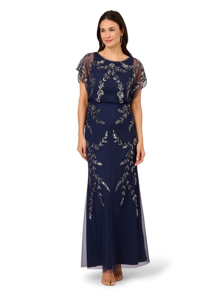 Women's Beaded Flutter-Sleeve Blouson Gown