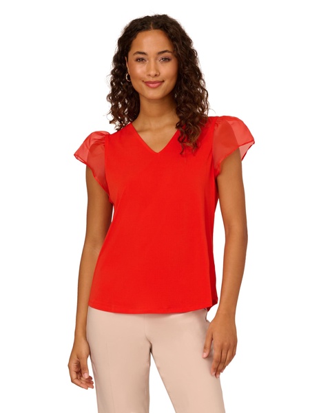 Adrianna Papell Women's V-Neck Knit Top with Organza Flutter Sleeves