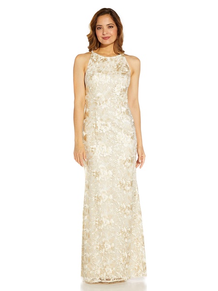Adrianna Papell Women's Floral Embroidery Halter Gown