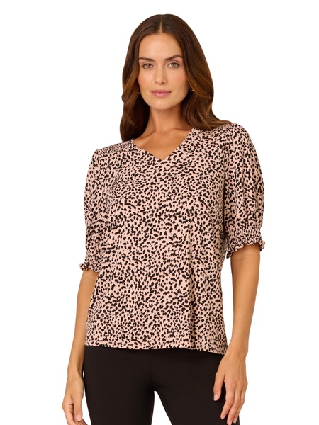 Adrianna Papell Women's Elbow Smocked Sleeve and Shoulder Printed Top