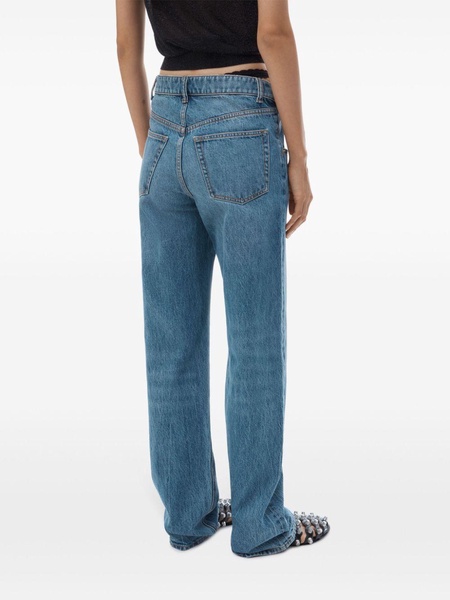 Distressed blue jeans