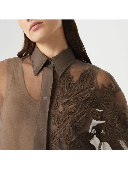 Silk semi-sheer long sleeves shirt in brown
