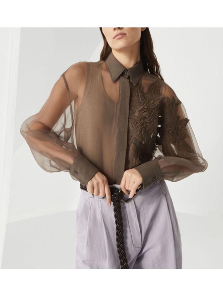 Silk semi-sheer long sleeves shirt in brown