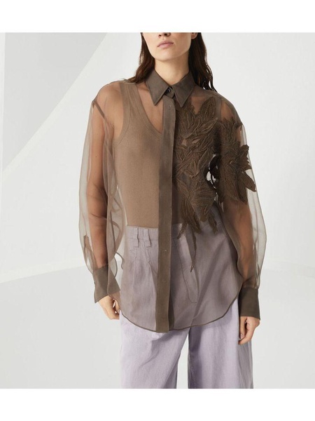 Silk semi-sheer long sleeves shirt in brown