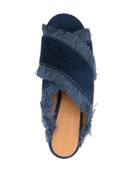 100mm Frayed-detailing Denim Mules