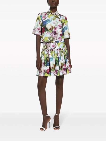 Floral pleated cotton poplin mini skirt