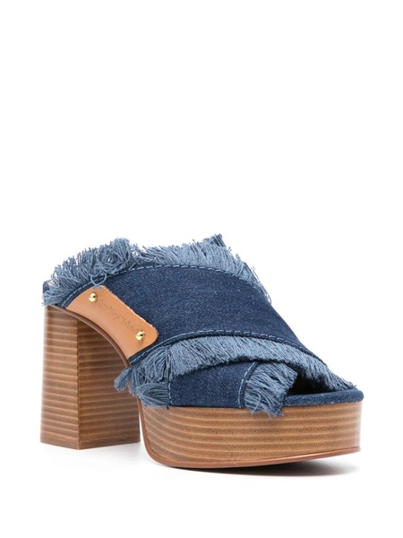 100mm Frayed-detailing Denim Mules