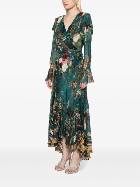 Ruffled silk midi wrap dress