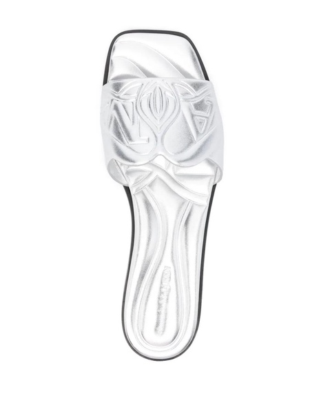 Metallic Flat Sandals with Embossed Motif in Metallic Leather Woman