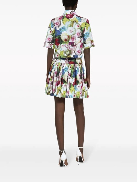 Floral pleated cotton poplin mini skirt