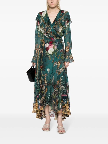Ruffled silk midi wrap dress