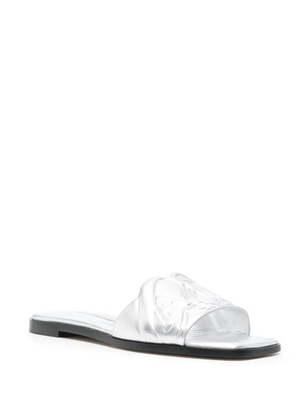 Metallic Flat Sandals with Embossed Motif in Metallic Leather Woman
