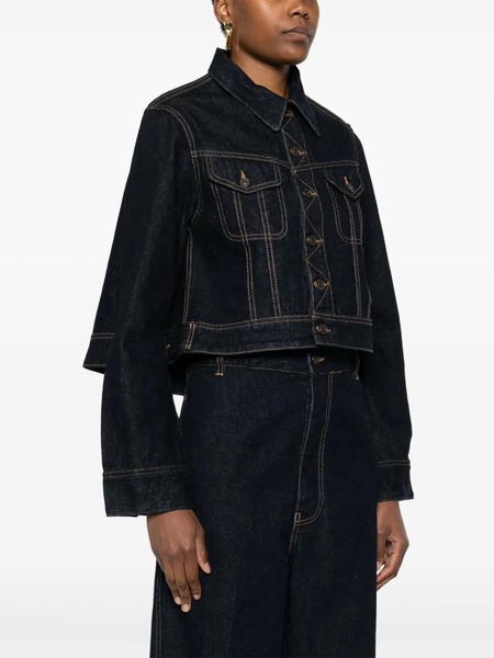 Blue Denim Cropped Jacket Contrast Stitching