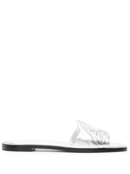 Metallic Flat Sandals with Embossed Motif in Metallic Leather Woman