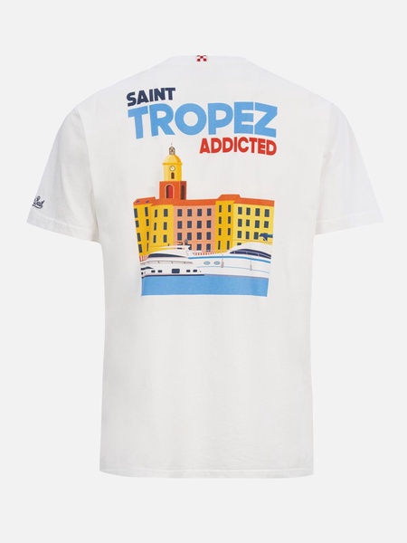 Man Cotton T-shirt With Saint Tropez Addicted Postcard Placed Print