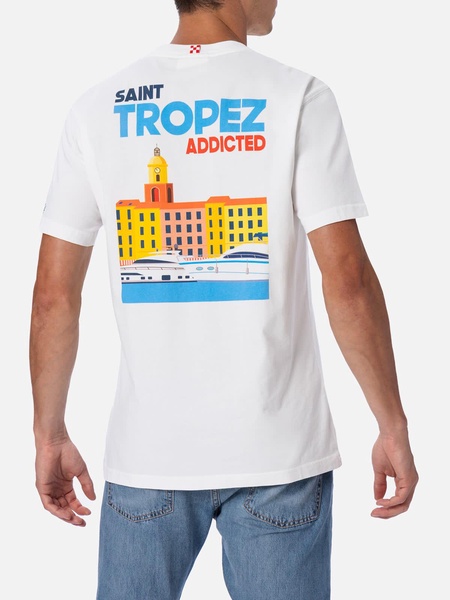 Man Cotton T-shirt With Saint Tropez Addicted Postcard Placed Print