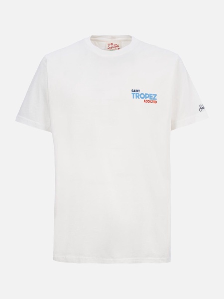 Man Cotton T-shirt With Saint Tropez Addicted Postcard Placed Print