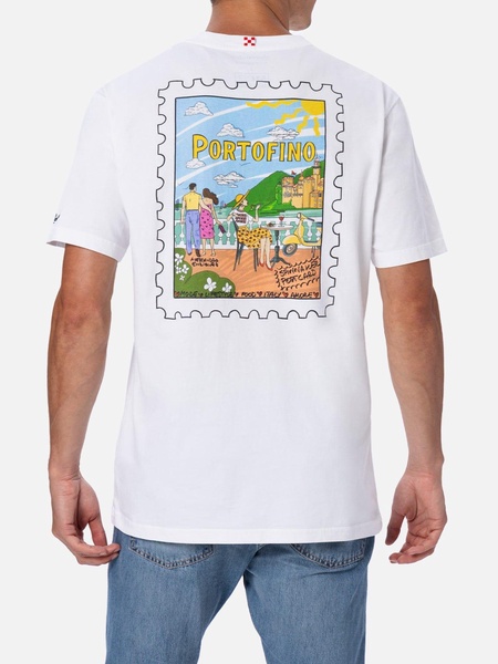 Man Cotton T-shirt With Portofino Postcard Front And Back Print | Alessandro Enriquez Special Edition