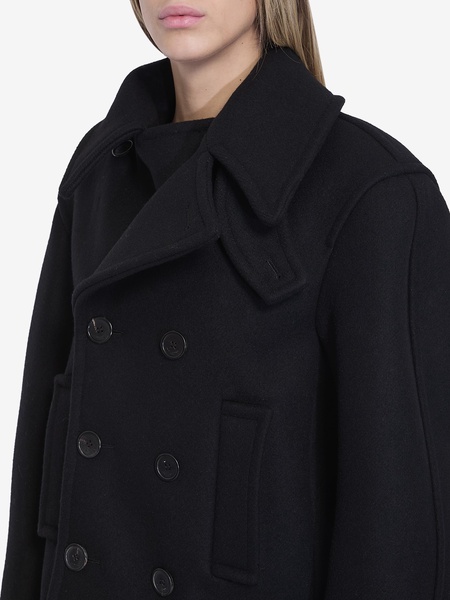 Black Double-Breasted Coat with Classic Wide Revers in Wool Woman