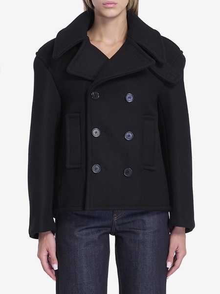 Black Double-Breasted Coat with Classic Wide Revers in Wool Woman