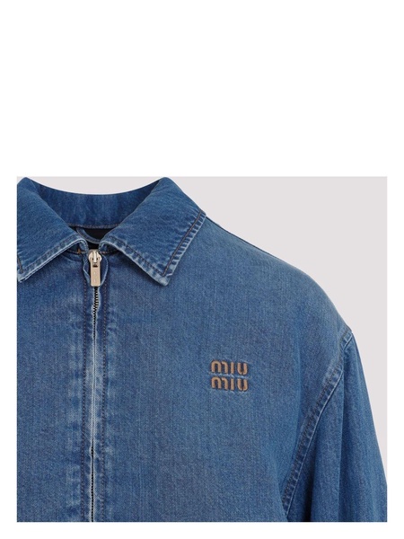 Logo-Embroidered Zip-Up Denim Jacket