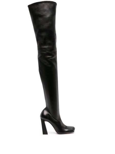 Amina Muaddi Women Thigh High Leather Heel Boots
