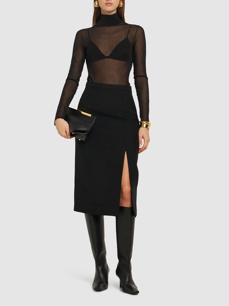 Wool blend gabardine side slit skirt