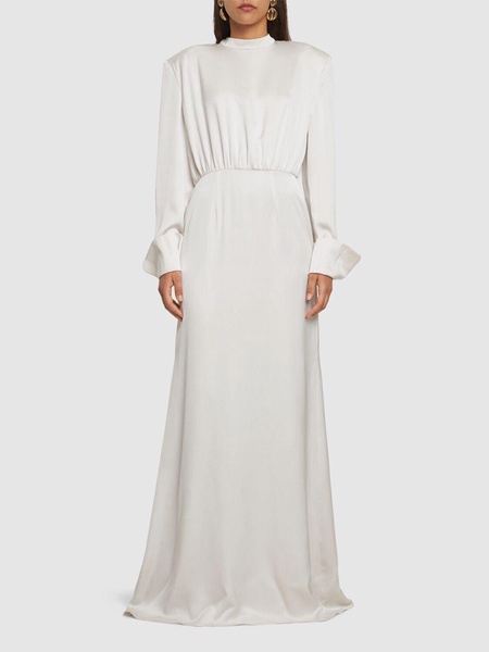 Silk satin long dress w/ scarf panel