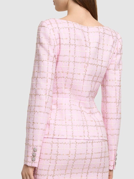 Sequined checked tweed round neck jacket