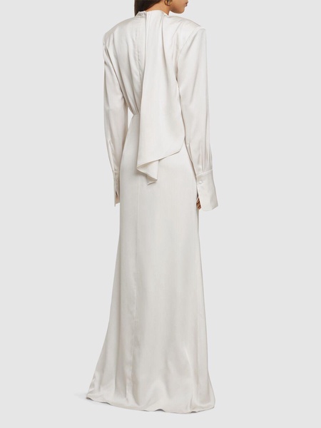 Silk satin long dress w/ scarf panel