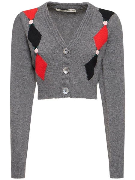Diamond jacquard wool knit crop cardigan